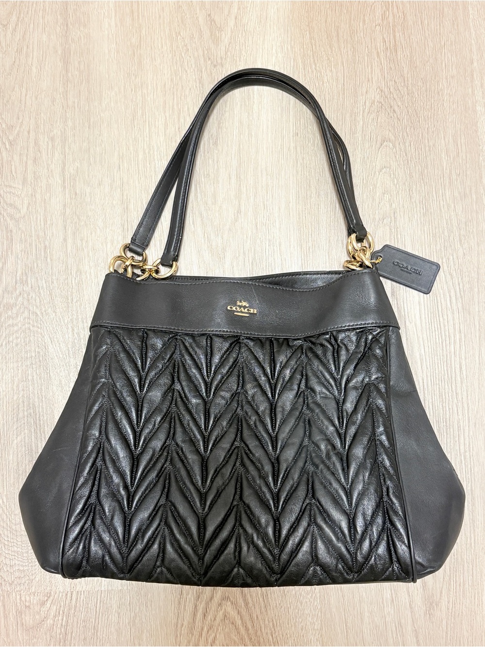 Coach Lexy Black Quilted Leather Shoulder Tote with Gold Hardware
